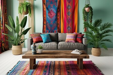 Bohemian Style 3D Living Room Design Featuring Vibrant Textiles Exotic Plants and Reclaimed Wood Furniture