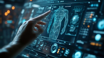 Fototapeta premium Futuristic personal health dashboards displaying real-time biometrics: A person health stats projected in 3D on a smart device.