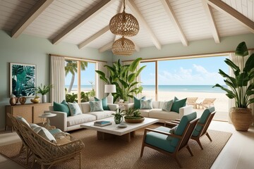 Obraz premium 3D Visualization of Coastal Living Room Design with Airy Decor and Indoor Plants