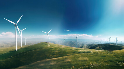 Obraz premium Wind turbines on mountain background.
