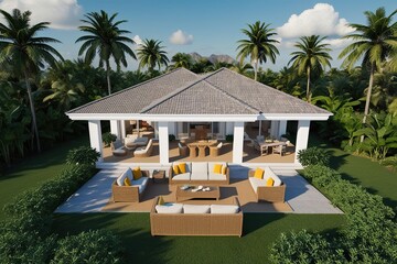 Fototapeta premium 3D Aerial Visualization of Villa Living Area Featuring Wicker Furniture and Lush Greenery in a Serene Digital Environment