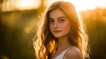 Naklejka premium A young woman with wavy hair poses softly against a warm, glowing sunset background.