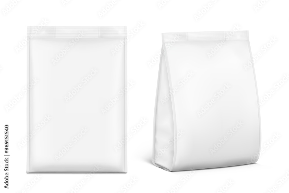 Wall mural Realistic food snack bag isolated on white background. Front and half side view. Vector illustration. Can be use for template your design, presentation, promo, ad. EPS 10.