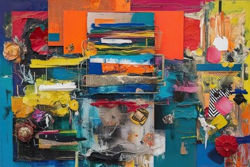 Dynamic Mixed Media Art with Bold Colors Layers Textures and Graphic Elements in a Vibrant Palette