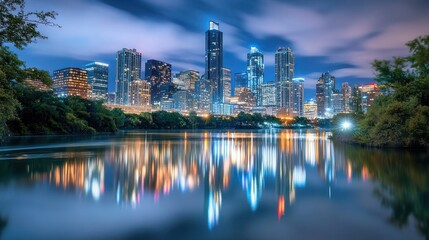 A vibrant city skyline reflected in water at night, showcasing urban lights and nature.