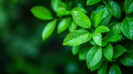 Close-up of fresh green leaves with water droplets on a dark blurred background, Ideal for nature, environment, and wellness themes in websites, presentations, or print material,