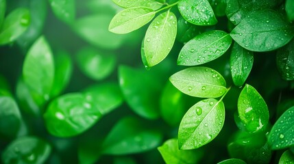 Close-up of fresh green leaves with water droplets, creating a vibrant and refreshing look, Ideal for nature, wellness, and environmental content,