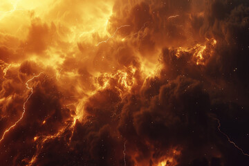Fototapeta premium Fiery clouds glow vibrantly as lightning strikes illuminate the sky, capturing nature's wild intensity at dusk