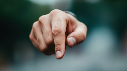 A close-up of a finger pointing directly towards the camera, with a blurred greenish background ideal for concepts related to attention, choice, or direction,