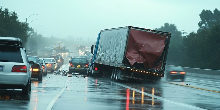 A semi-trailer truck crashed on a wet freeway.