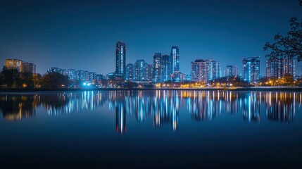 Fototapeta premium Night cityscape reflecting on water, showcasing urban lights and skyline.