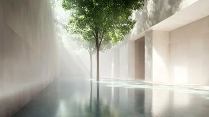 Ingelijste posters Ziekenhuis A serene minimalist courtyard featuring trees and a shallow reflective pool, illuminated by gentle sunlight filtering through the leaves, ideal for websites, blogs  © Kakabe