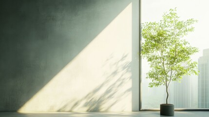 A modern, minimalist room with concrete walls features a potted tree basking in sunlight from a large window showcasing a cityscape, ideal for themes of nature, growth, urban living