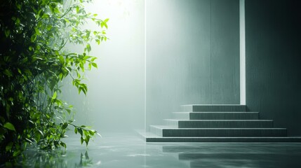 Minimalistic concrete stairs leading to a sleek, modern building entrance, surrounded by lush green foliage bathed in soft natural light