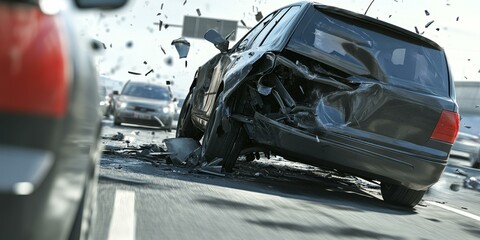 Fototapeta premium A wrecked car on the road with debris scattered around.