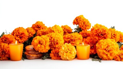 Bright marigold flowers and orange candles arranged on a white background, creating a vibrant and festive atmosphere.