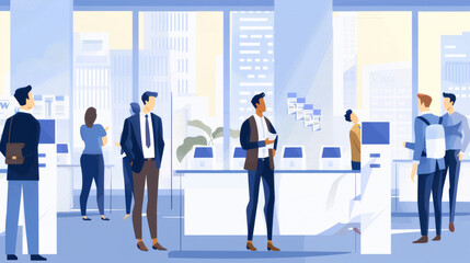 Obraz premium A diverse group of individuals collaborates in a contemporary office setting with large windows displaying a city skyline