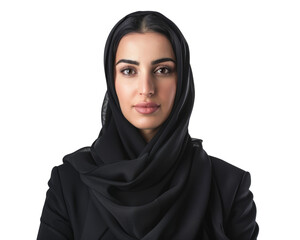 A young female Middle Eastern business woman in modest professional attire, white background.