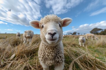 Obraz premium A cute, fuzzy sheep stands adorably in a grassy field under a vibrant blue sky dotted with fluffy clouds, surrounded by fellow sheep, capturing a heartwarming rural scene