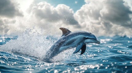 Obraz premium A dolphin creating a splash as it playfully interacts with the water, with a serene ocean horizon and a bright, sunny sky above.