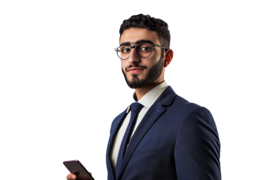 A young Middle Eastern businessman in formal wear, holding a smartphone, white background. - Powered by Adobe