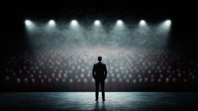A man in a suit stands on a stage facing a large, blurred audience under bright spotlights, representing leadership, public speaking, or conferences, - Powered by Adobe