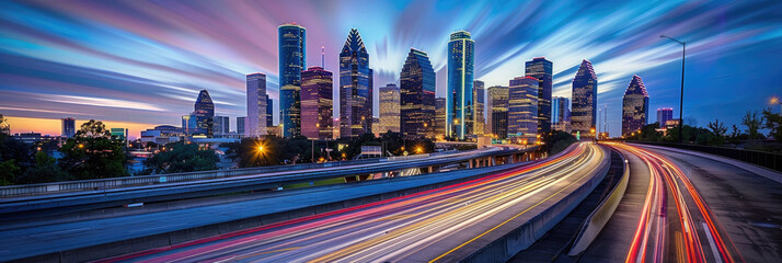 Fototapeta premium The vibrant skyline of Houston glows under a colorful sunset, with streaks of light from vehicles on a busy highway