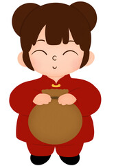Chinese girl holding a bag of gold 