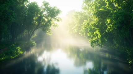 Fototapeta premium A serene, sun-drenched river surrounded by lush green trees ideal for nature, tranquility, and relaxation themes in advertising, blogs, or wellness content,