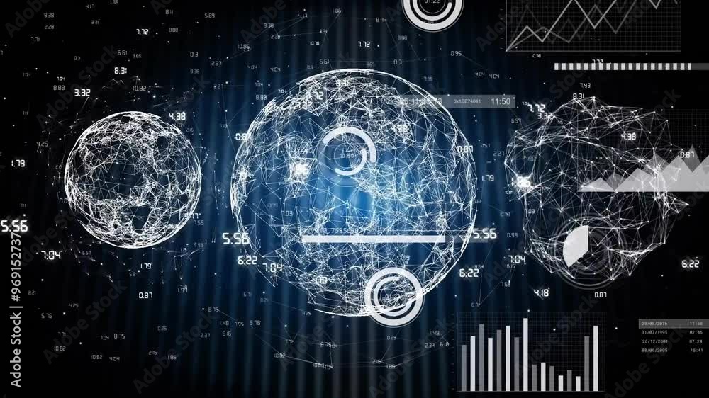 Poster animation of data processing and globe over black background