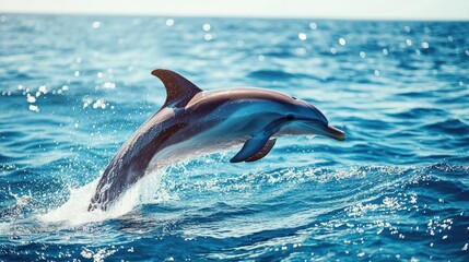 A dolphin surfacing for air, with droplets flying off its back and a clear blue ocean as the backdrop, showcasing its sleek form.