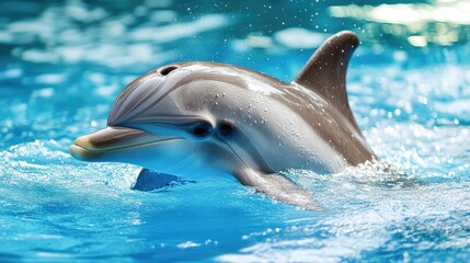 Obraz premium A dolphin surfacing for air, with droplets flying off its back and a clear blue ocean as the backdrop, showcasing its sleek form.