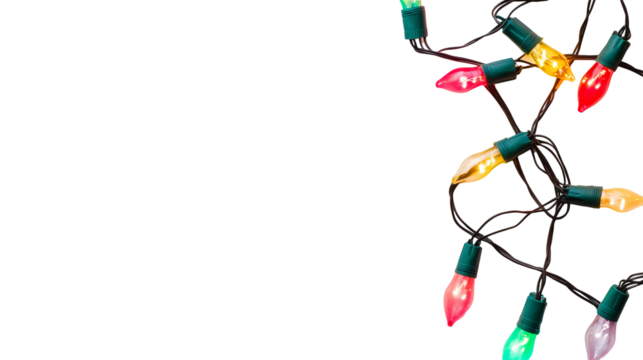 Christmas light string with colorful bulbs isolated on transparent background