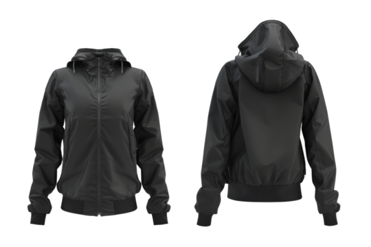 Ladies' autumn windbreaker, sleek black, front and back views, on white background