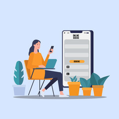Women Order online bookings through the mobile website using the payment concept flat art vector illustration design.