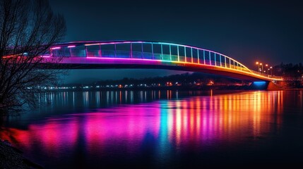 Obraz premium A dramatic image of a modern bridge with colorful LED lights changing hues, spanning over a dark river with its striking reflection visible in the water.