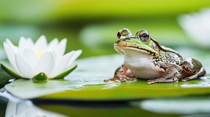 A frog resting on a lily pad near a blooming water lily in a serene pond setting.