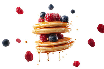 A fluffy stack of pancakes topped with syrup and berries, floating in mid-air with a whimsical.