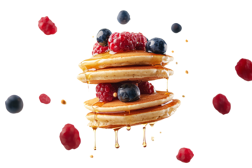 A fluffy stack of pancakes topped with syrup and berries, floating in mid-air with a whimsical.