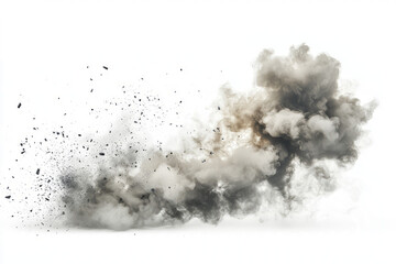 A dramatic cloud of smoke and debris bursting forth, creating an abstract pattern on a white canvas.