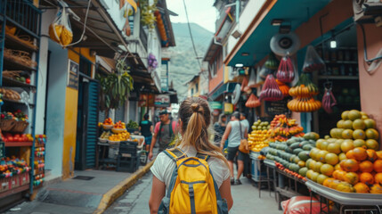 A bustling market filled with colorful fruits and local shoppers navigating through narrow streets under bright skies