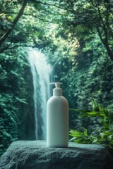 A photo of a white shampoo bottle on a textured s