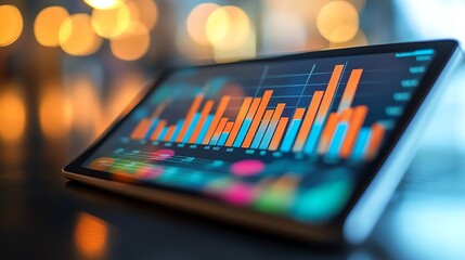 A close-up of a tablet displaying a financial chart with orange and blue bars, against a blurred background of warm yellow lights.