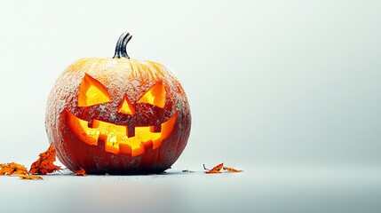 Single halloween pumpkin with carved face on white background, isolated jack o' lantern design for spooky autumn decorations, holiday party themes, and festive fall projects.