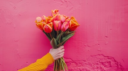 A Hand Holding a Bouquet of Bright Orange Tulips Against a Vibrant Pink Wall