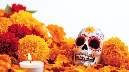 Colorful Day of the Dead celebration with marigold flowers, sugar skull, and candle, symbolizing Mexican traditions and heritage.