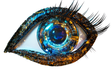 Low poly glowing cybernetic eye with intricate details isolated on white background.