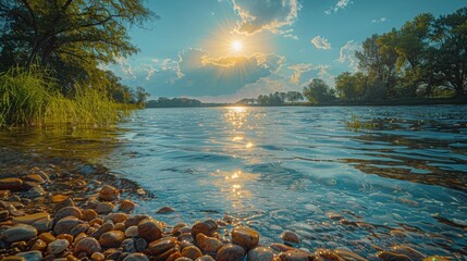A serene landscape capturing the vibrant interplay of sunlight on water welcoming a tranquil riverside scene with lush greenery and pebbled shores, framed by towering trees under a picturesque sky
