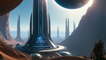 Fototapeta premium A breathtaking view of an alien futuristic city with towering, sleek structures on Mars. The scene features advanced architecture under the light of two moons, with a rocky Martian landscape in the