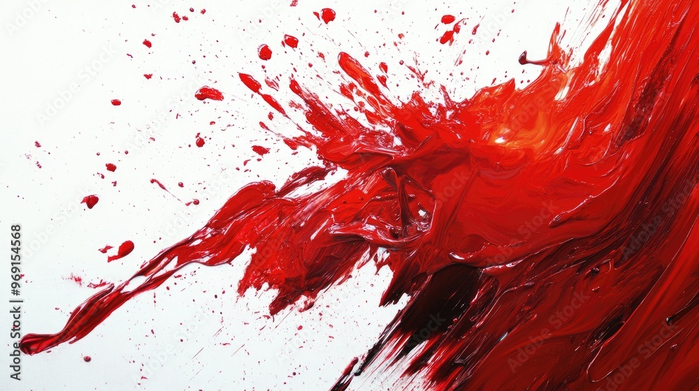 Poster a dynamic image of red paint splattering across a white canvas, creating an abstract and energetic v